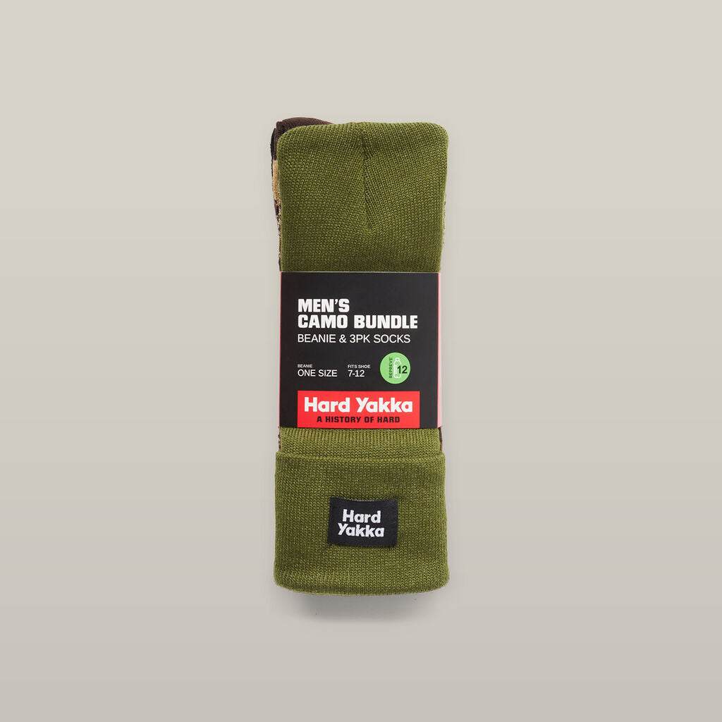 Y22943 - Hard Yakka Camo 3pk Socks & Beanie